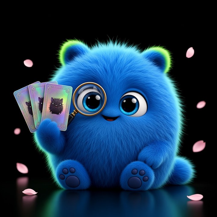 TCG Scout, una bola de pelo azul eléctrico con una lupa de monóculo y cartas holo
